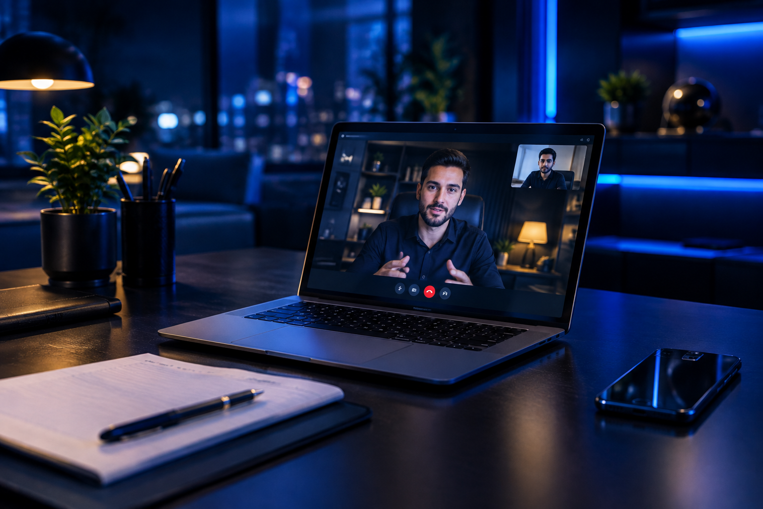 Cinematic Blue-Hour Video Call Workspace