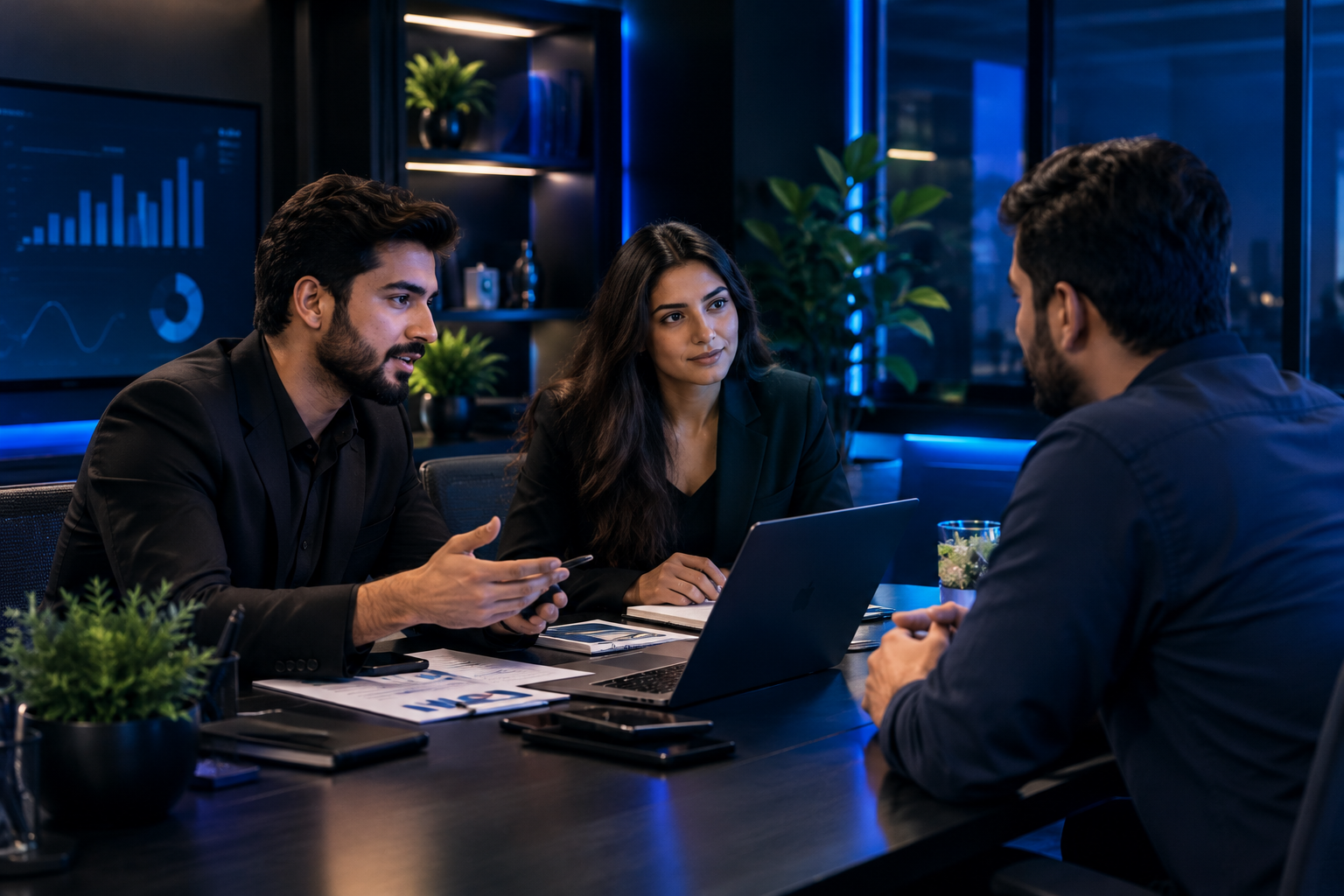 Cinematic Blue-Lit Business Meeting